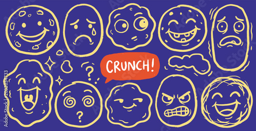 Photos A collection of hand-drawn cartoon faces expressing a variety of emotions, including happiness, sadness, anger, and confusion, on a dark blue background
