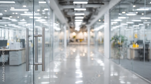 Blurred office interior background with a blurred door and glass wall, blurry bokeh light effect for a business concept design. High-quality photo, taken with a telephoto lens in realistic daylight.