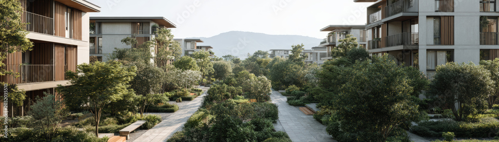 Obraz premium Sustainable residential complex eco friendly apartment building modern architecture landscaped garden pedestrian walkway