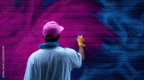 Vibrant street art emerges as an artist passionately spray paints a vivid brick wall with neon hues.
