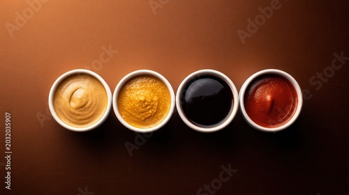 Assortment of flavorful culinary sauces in white ceramic bowls on a textured background