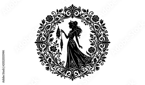 Canvastavla Elegant woman silhouette holding spindle inside decorative luxury round mandala
