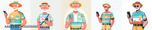 half body vector of a grandpa standing holding on a cell phone on the beach