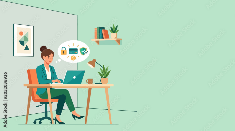 Fototapeta premium Professional woman using laptop for secure online payments and digital banking, featuring cybersecurity icons like lock and shield in a flat vector illustration style.