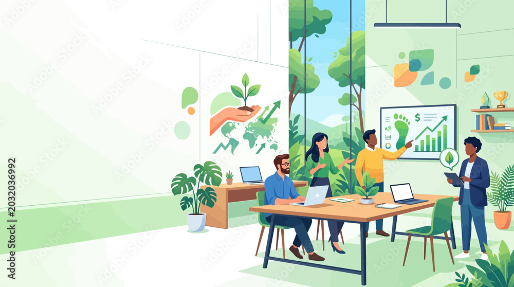 Fototapeta premium Diverse Business Team Collaborating on ESG Goals and Carbon Footprint Reduction in Sustainable Eco-Friendly Modern Office Illustration
