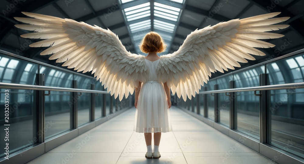 Fototapeta premium A young girl with large white angel wings stands at the end of a modern glass-enclosed walkway, back to the viewer, bathed in soft light.