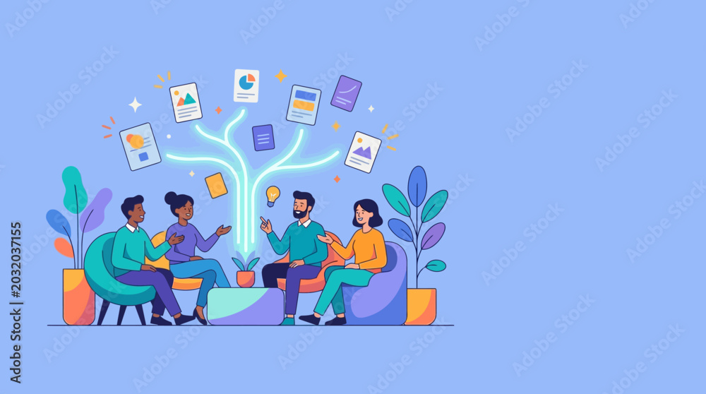 Naklejka premium Diverse Business Team Brainstorming and Sharing Creative Ideas with Data Icons Illustration