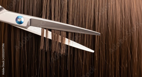 Professional hair shears delicately trimming damaged split ends from smooth brown strands using a precise dusting technique for healthy hair, damaged, trimming, split ends