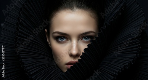 Elegant woman with striking blue eyes framed by dramatic black pleated fabric, high-contrast studio portrait.