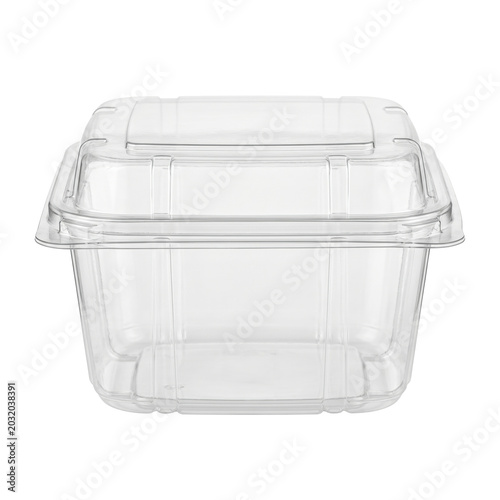 Foto Blank clear plastic clamshell food container mockup
