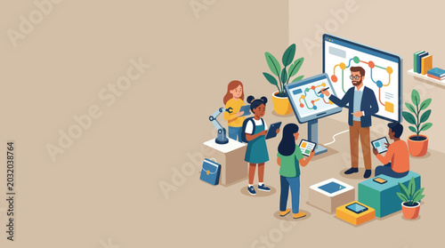 Modern STEM Classroom Illustration with Diverse Students and Teacher Using Interactive Technology for Digital Learning