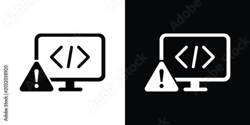 Foto Laptop screen showing code brackets with a prominent warning triangle icon