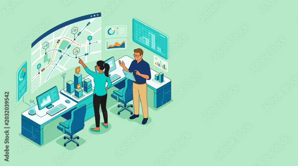 Naklejka premium Smart City Management Hub: Isometric Illustration of a Control Center for Urban Logistics and Big Data Analysis