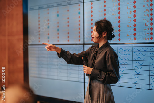 Fotografie A businesswoman holds a microphone and points to financial data displayed on a large screen