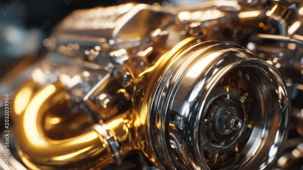 Fototapeta premium Turbocharged Chrome Engine Detail Focusing on Flowing Components in a Performance Sports Car