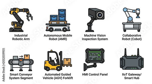 Set of Smart Factory and Industrial Automation Line Icons featuring Robotic Arms, AGV, Machine Vision, and IoT Gateway on an isolated white background.