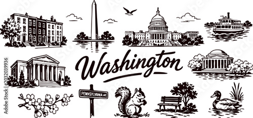 Photos Washington DC Hand Drawn Vector Set with Capitol, Washington Monument, Jefferson