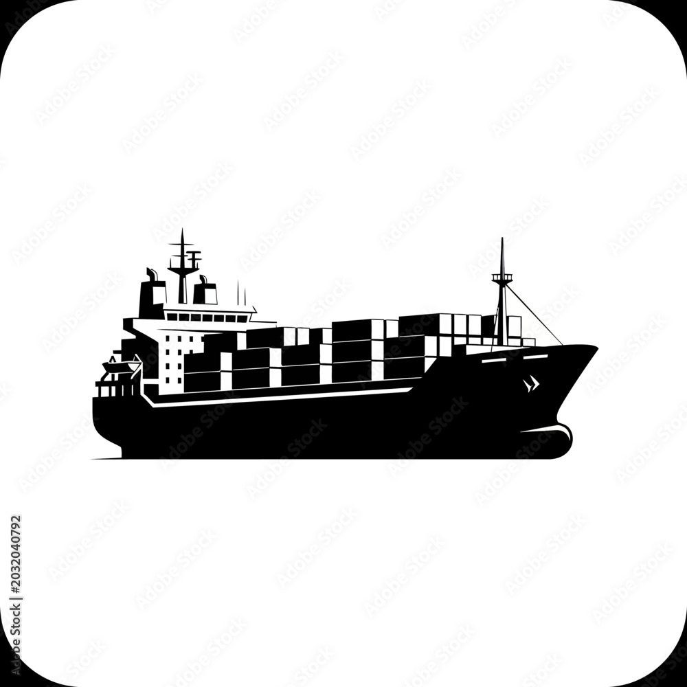 Obraz premium Silhouette Cargo Ship on White Background - Logistics Vector