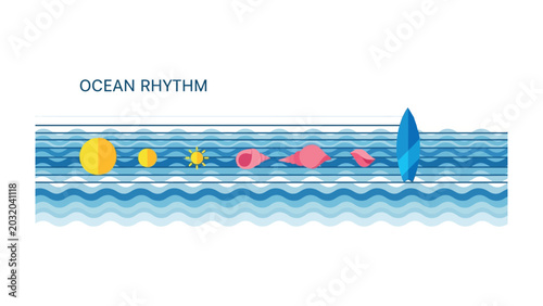 Canvastavla Ocean Rhythm: A stylized graphic illustrating the ebb and flow of ocean life, featuring sun, seashell, and surfboard motifs amidst wavy blue waters