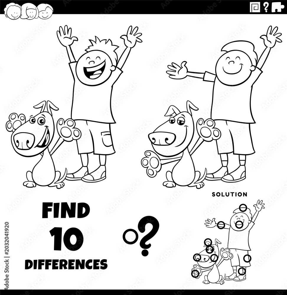 Fototapeta premium differences puzzle game with cute happy cartoon boy and his dog coloring page