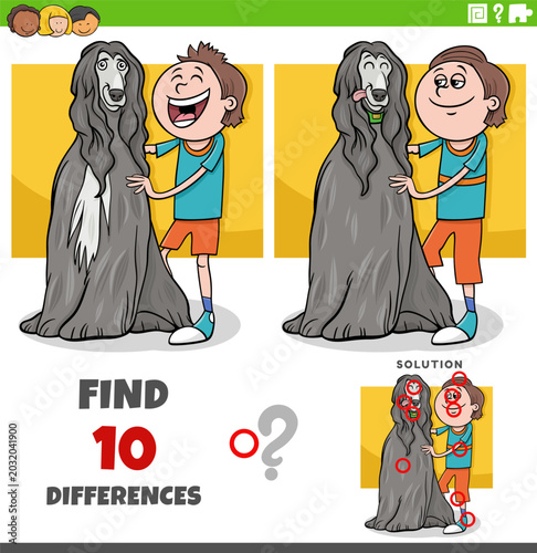 Photos differences puzzle game with cute cartoon teen boy and his dog