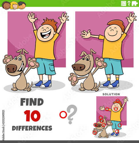 differences puzzle game with cute happy cartoon boy and his dog