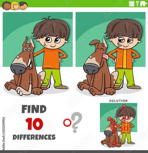 differences puzzle game with cute cartoon boy and his dog