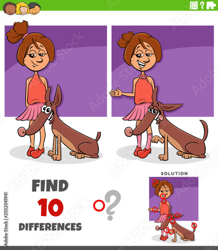 Photos differences puzzle game with cute cartoon teen girl and her dog