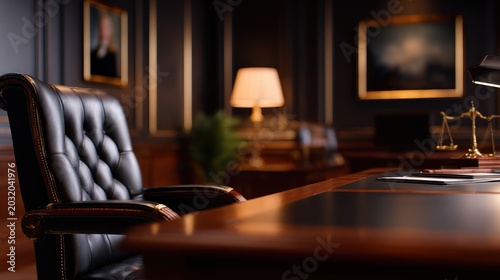 Professional Attorney's Office with Elegant Leather Chair, Grand Desk, and Symbolic Scales of Justice