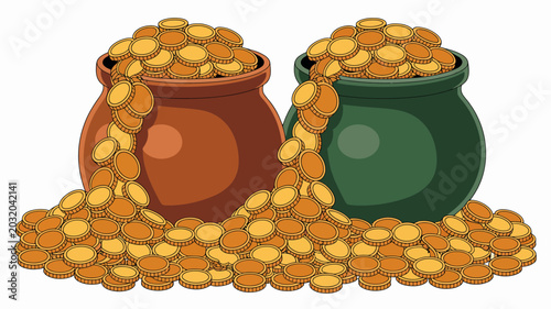 Schilderij op canvas Two ceramic pots overflowing with gold coins on a white background earthenware t