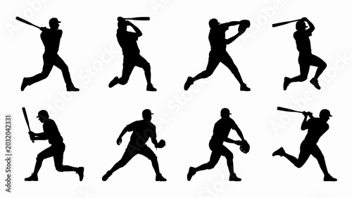 Quadro em tela Baseball player silhouettes depicting various batting and fielding positions on