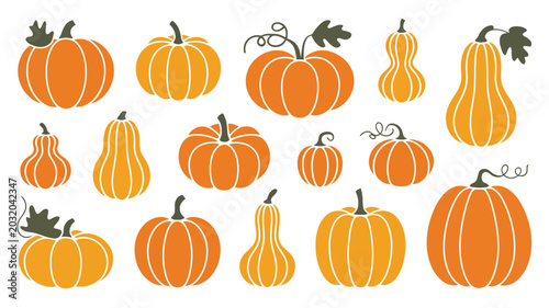 Foto Collection Of Orange Pumpkin Silhouettes On A White Background pumpkins gourd go