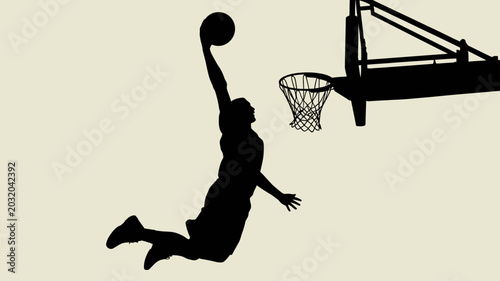 Fotografía Basketball player silhouette leaping towards the hoop a black shape on a light b