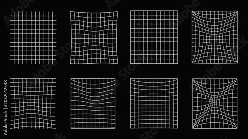 Quadro su tela Distorted grid patterns on black background a collection of warped square arrang