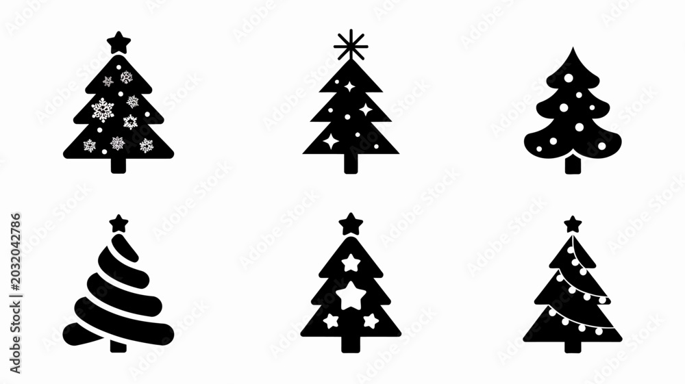 Obraz premium Black Silhouette Christmas Tree Set Vector Illustration On White Background evergreen fir pine holiday seasonal winter celebration decor ornament star snowflakes