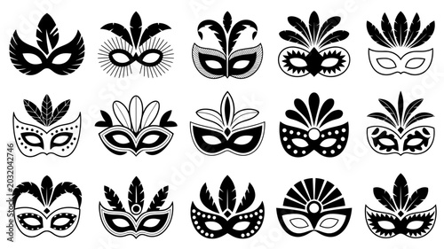 Foto Twelve stylized black venetian masks on a white background carnival masquerade f