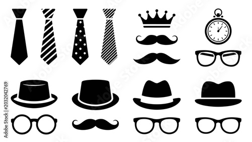 Tableau sur toile Collection of black silhouettes depicting men s accessories on a white backgroun