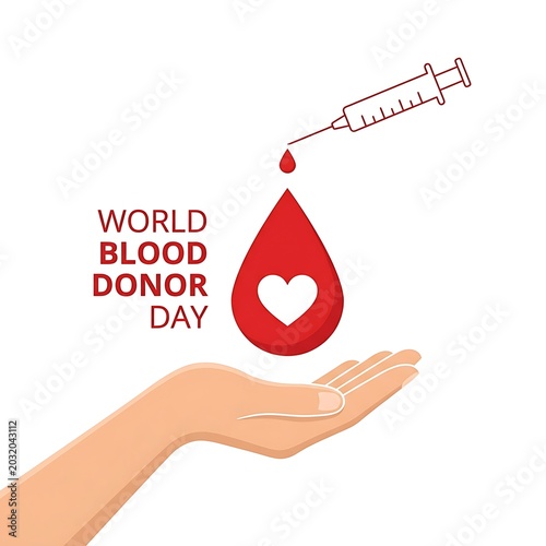 Educational medical banner promoting World Blood Donor Day featuring a red syringe line drawing and supportive caring hand.