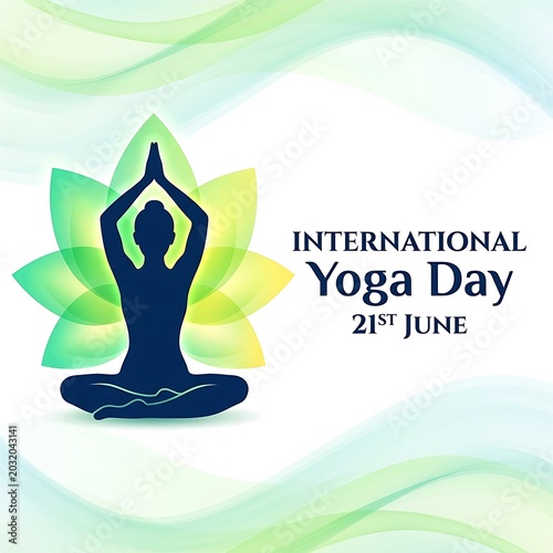 Minimalist design for June 21st International Yoga Day highlighting a peaceful silhouette framed by a glowing lotus.