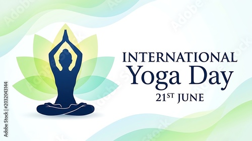 Graphic illustration celebrating International Yoga Day showing a dark silhouette in a lotus pose against green waves.