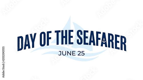 Stylized maritime greeting card template for Day of the Seafarer featuring curved lettering, an anchor, and soft waves.