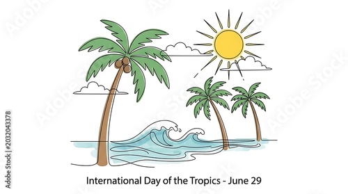 Elegant single line artwork showcasing a sunny tropical sea shore to commemorate International Day of the Tropics on June 29.