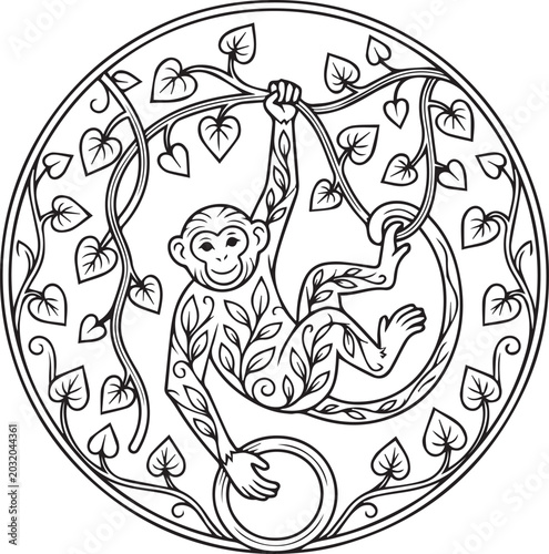 Stylized monkey hanging from vines with leaves and swirling decorative elements in a circular design