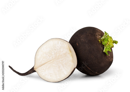 Black radish and slice isolated on a white background, contour