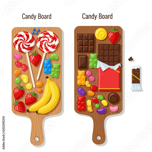 Colorful Candy Board Arrangements on Wooden Boards, Isolated