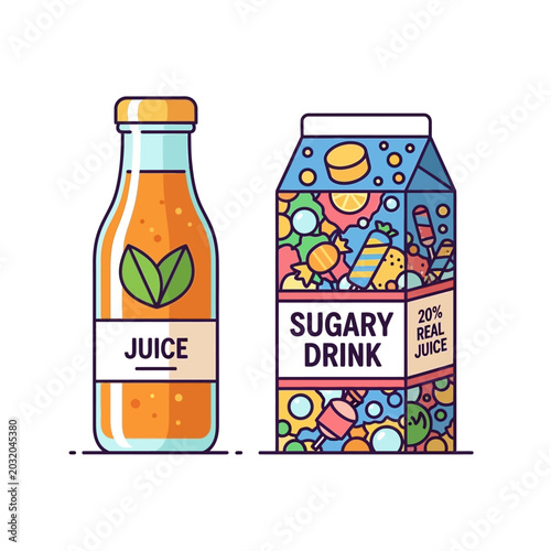 Colorful juice bottles and carton illustration, refreshing beverage concept, healthy drink