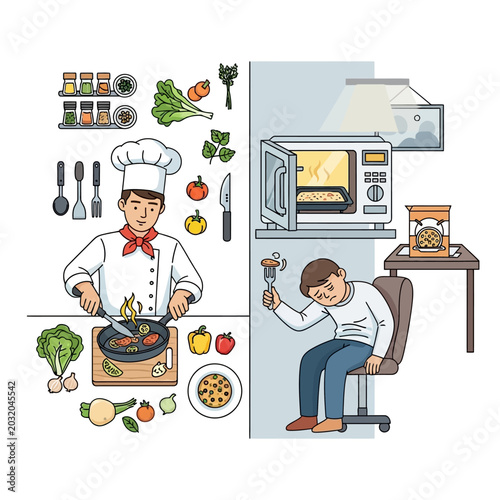 Cooking vs. Convenience: Chef vs. Exhausted Man with Food