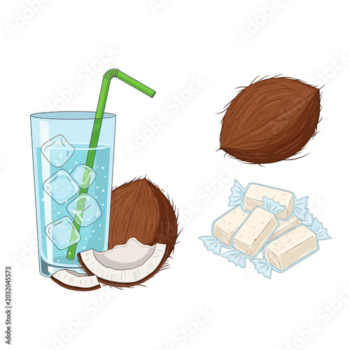 Fresh coconut water and sweets illustration on white background