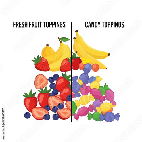 Fresh Fruit and Candy Toppings: Balanced Food Choices Concept