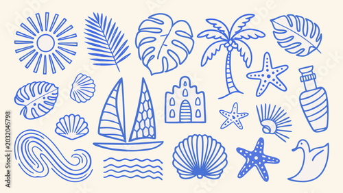 Cuadro en lienzo Tropical seashell palm leaf sailboat and sun line illustration in blue tones on